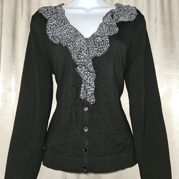 NWOT August Silk black leopard print ruffle cardigan Womens Large - Picture 3 of 6